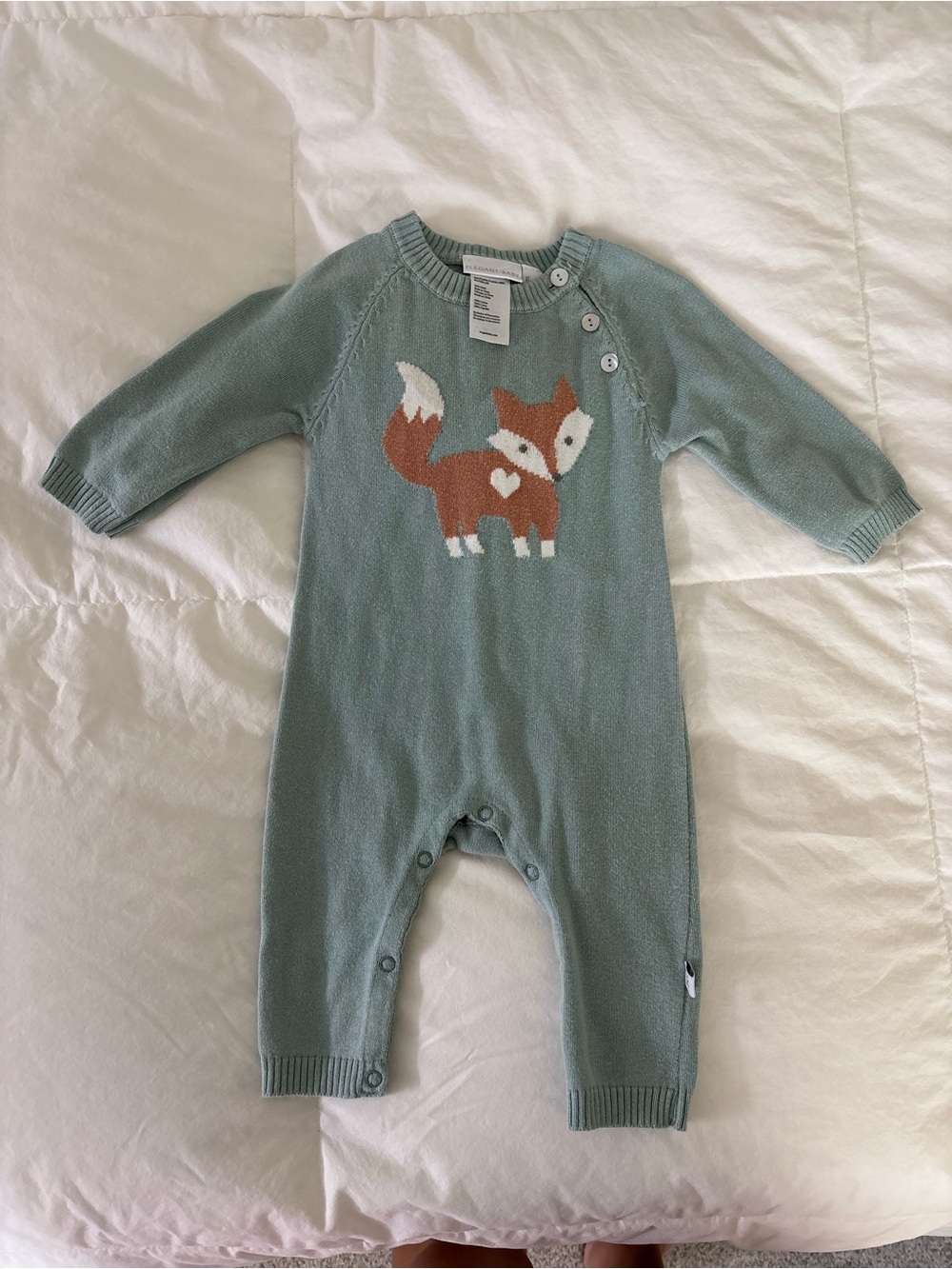 Elegant Baby Cozy Fox Knit One-Piece Romper in Sage Green